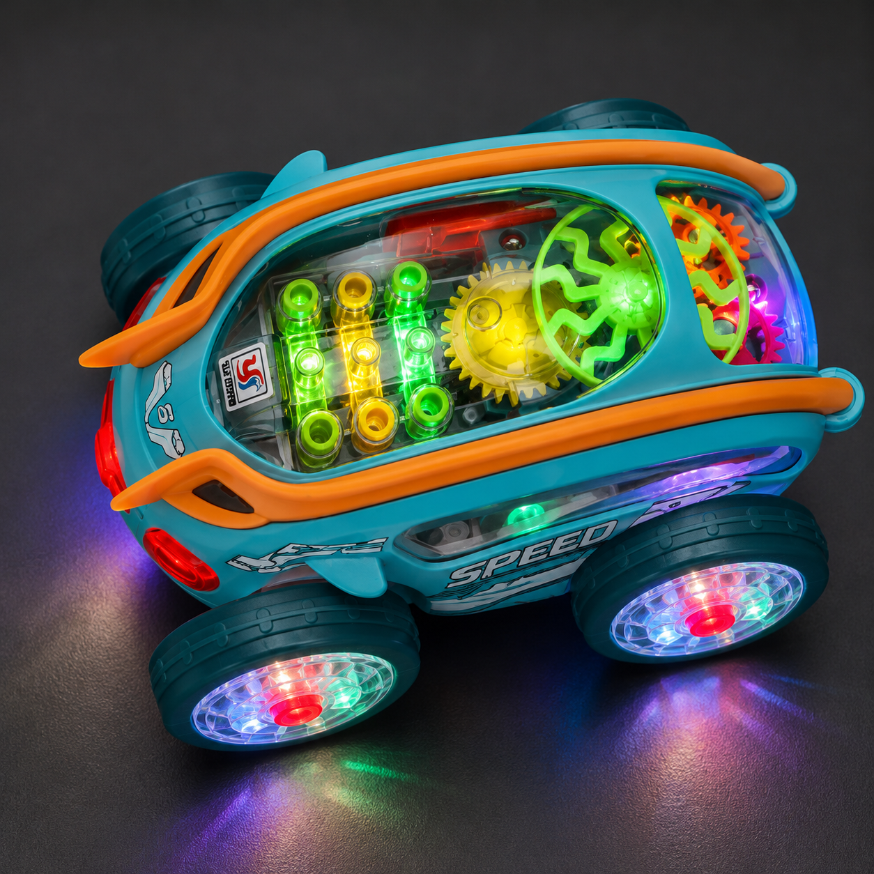 Battery-Powered Stunt Car with Visible Gear Drive & LED Effects